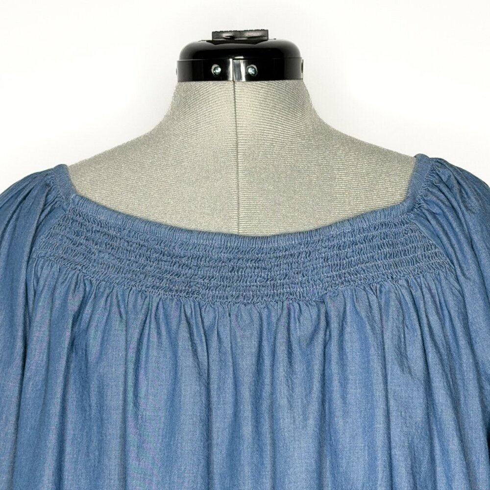 Terra & Sky Smocked Neck Denim Blue Tunic with Eyelet Embroidery - 1X - Picture 2 of 8